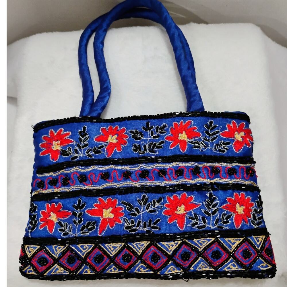 Hand Beaded Floral Design Satin inside Purse from India